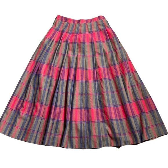 Vintage holiday Tartan Plaid Box Pleat Wool Blend Pleated Midi Length Skirt - Picture 1 of 5